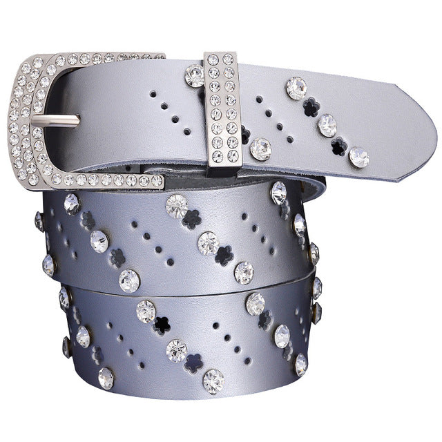 Hollow genuine leather belts for women Fashion rhinestone female belt for jeans Quality cow skin woman waist strap Width 3.3 cm