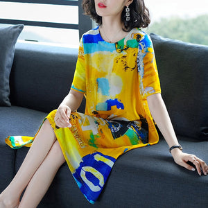 Sweet Women Dress New Spring Summer Loose Print Dresses Imitate Real Silk Dresses Fashion Lady's Beach Casual Clothes