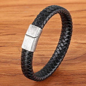 Fashion Stainless Steel Charm Magnetic Black Men Bracelet Leather Genuine Braided Punk Rock Bangles Jewelry Accessories Friend