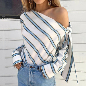 2020 Women Casual Striped Shirt tops Fashion Loose Fall Spring Long Sleeve Off Shoulder Blouse OL Bowknot Blusas Female Clothes