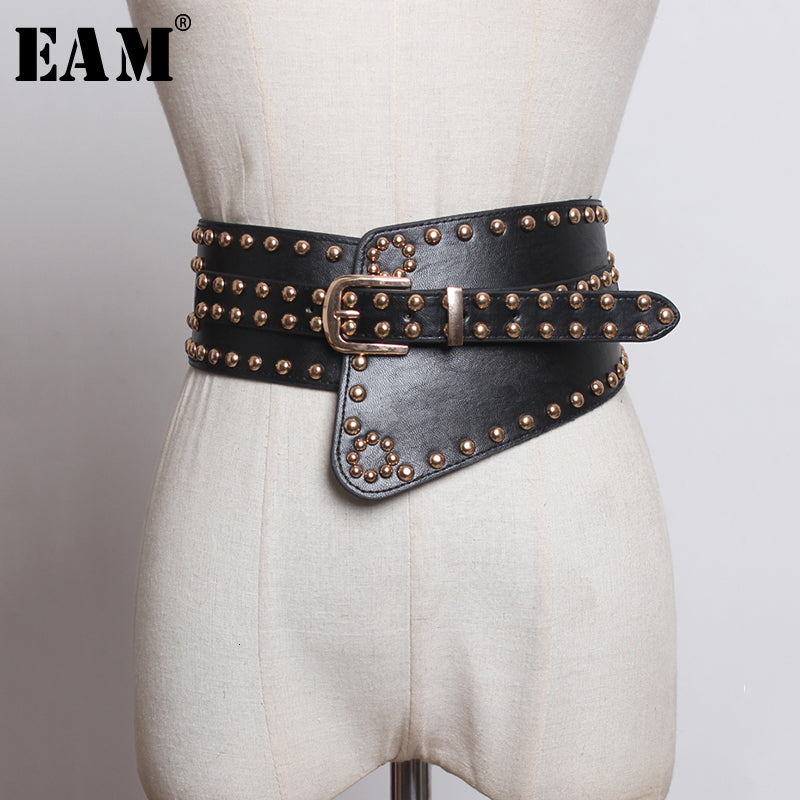 [EAM]  Pu Leather Black Rivet Asymmetrical Elastic Wide Belt Personality Women New Fashion All-match Spring Autumn 2020 1M519