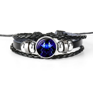 12 Constellation Zodiac Sign Black Braided Leather Bracelet Cancer Leo Virgo Libra Woven Glass Dome Jewelry Punk Men Bracelet