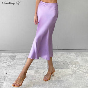 Mnealways18 Solid Purple Satin Silk Skirt Women High Waisted Summer Long Skirt New 2020 Elegant Ladies Office Skirts Midi Spring