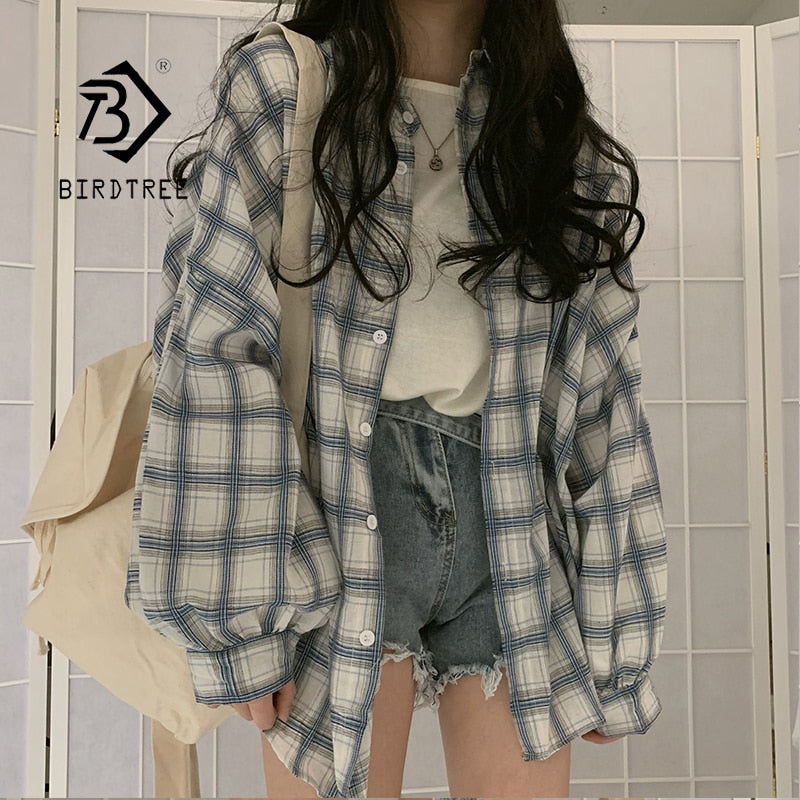 New Arrival Women Vintage Plaid Oversized Blouse Lantern Sleeve Turn Down Collar White Shirt Button Up Casual Tops T04004F