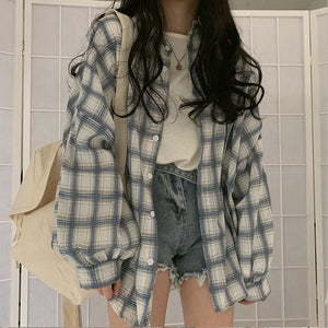 New Arrival Women Vintage Plaid Oversized Blouse Lantern Sleeve Turn Down Collar White Shirt Button Up Casual Tops T04004F
