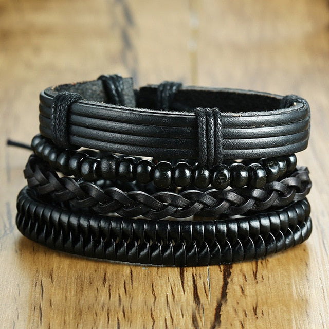 Vnox Assorted Men's Bracelets Set 4pcs Mixed Leather Wrap Bracelet Black Brown Bangles Punk Male Rock Accessory