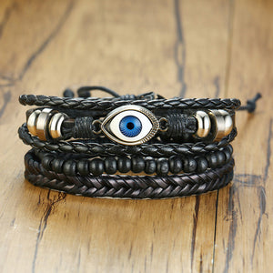 Vnox Assorted Men's Bracelets Set 4pcs Mixed Leather Wrap Bracelet Black Brown Bangles Punk Male Rock Accessory