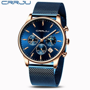 Relogio Masculino CRRJU Luxury Quartz Watch for Men Blue Dial Watches Sport Watches Chronograph Clock Mesh Belt Wrist Watch