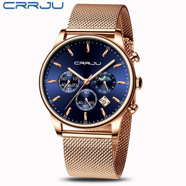 Relogio Masculino CRRJU Luxury Quartz Watch for Men Blue Dial Watches Sport Watches Chronograph Clock Mesh Belt Wrist Watch