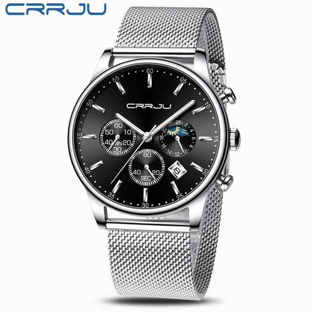 Relogio Masculino CRRJU Luxury Quartz Watch for Men Blue Dial Watches Sport Watches Chronograph Clock Mesh Belt Wrist Watch