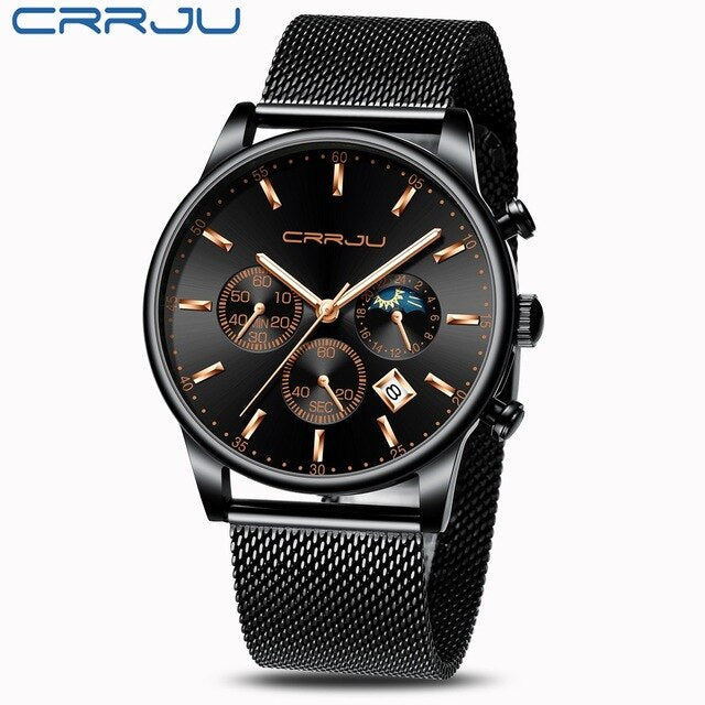 Relogio Masculino CRRJU Luxury Quartz Watch for Men Blue Dial Watches Sport Watches Chronograph Clock Mesh Belt Wrist Watch