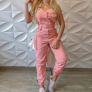 Women Jumpsuit Casual Fashion Sleeveless with Waist Belt Pockets Summer Autumn Gray Pink Khaki Female Playsuits Romper 2020 New