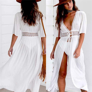 Dress Women Beach Cover Up Tunic Pareo White V Neck Dress Robe