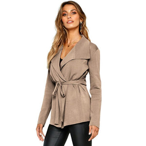 Women Knitted Jacket Coat Solid Waterfall Lapel Drape Wasit Belt Bandage Long Sleeve Coat Casual Outerwear female tunic tops