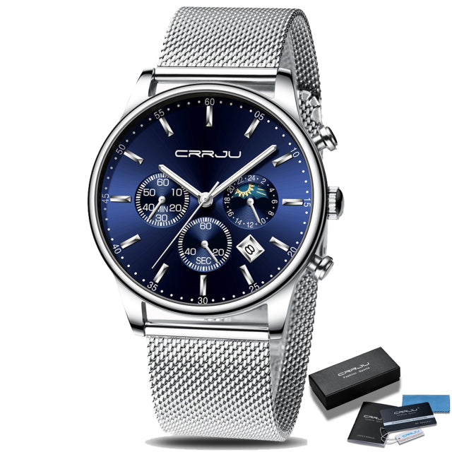 Relogio Masculino CRRJU Luxury Quartz Watch for Men Blue Dial Watches Sport Watches Chronograph Clock Mesh Belt Wrist Watch