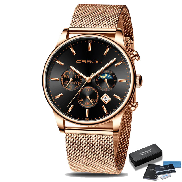 Relogio Masculino CRRJU Luxury Quartz Watch for Men Blue Dial Watches Sport Watches Chronograph Clock Mesh Belt Wrist Watch