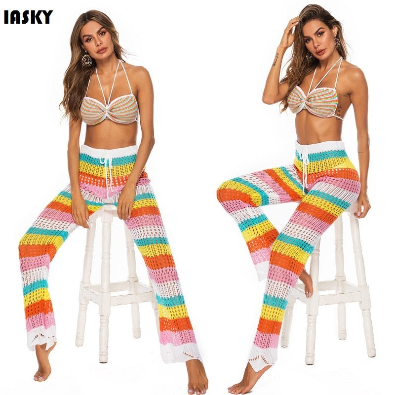 IASKY 2019 Colorful crochet beach cover up long pants sexy women hollow out knitted Bikini swimsuit cover ups beachwear pant