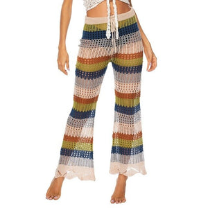 IASKY 2019 Colorful crochet beach cover up long pants sexy women hollow out knitted Bikini swimsuit cover ups beachwear pant
